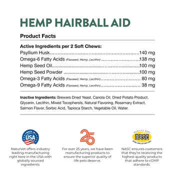 NaturVet Hemp Hairball Aid Plus Hemp Seed Supplement for Cats Soft Chews, 60 ct