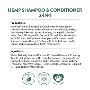NaturVet Hemp Shampoo & Conditioner 2-in-1 with Argan and Coconut for Dogs 16 oz