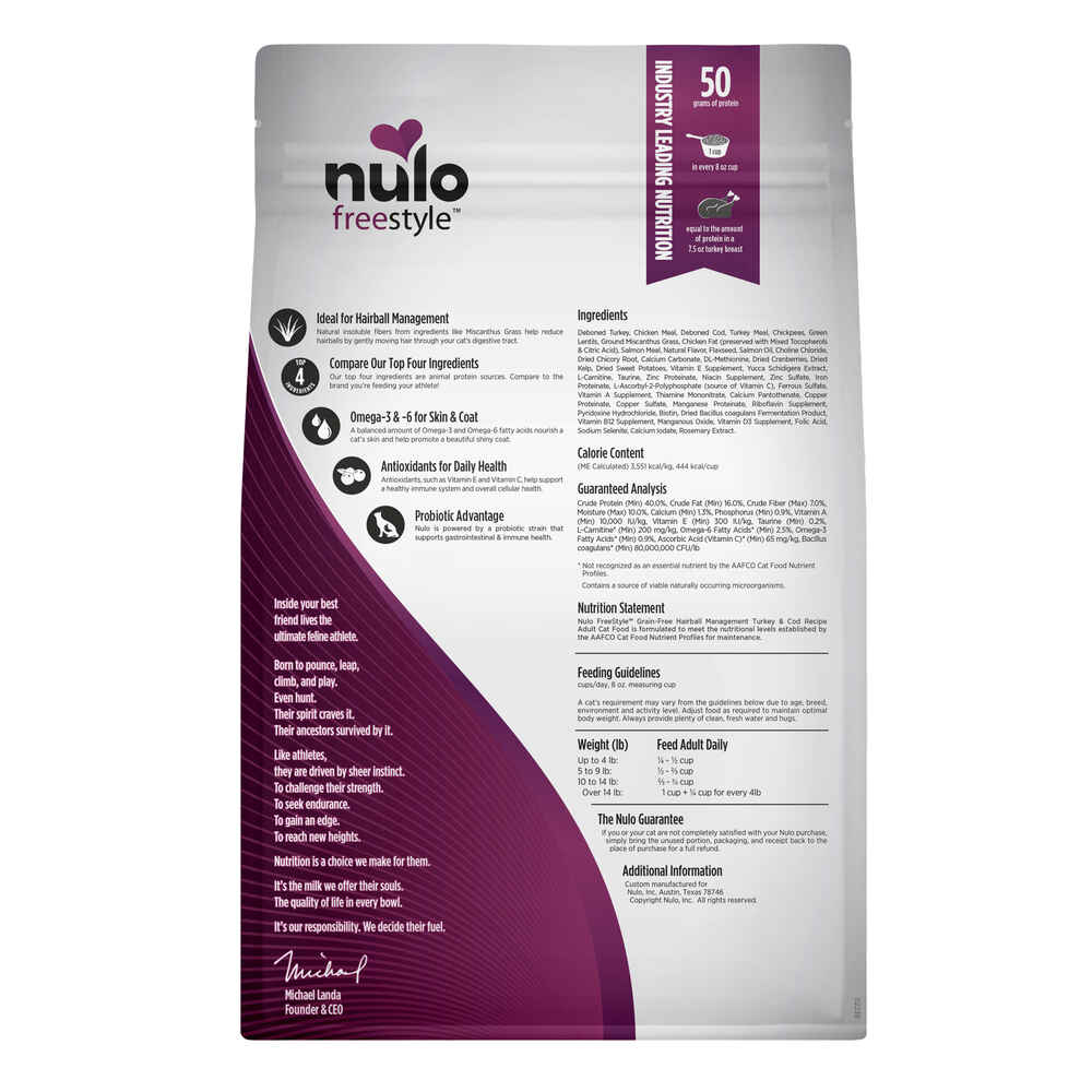 Nulo FreeStyle Adult Grain-Free Hairball Management Turkey & Cod Dry Cat Food