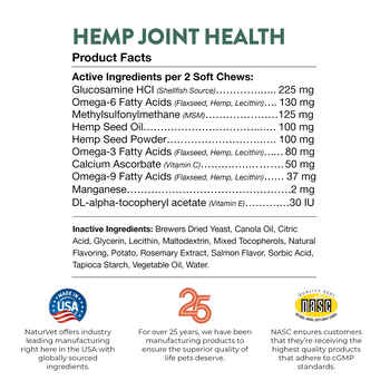 NaturVet Hemp Joint Health Plus Hemp Seed Supplement for Cats Soft Chews 60 ct
