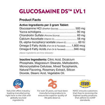 NaturVet Glucosamine DS Level 1 Maintenance Joint Care Supplement for Dogs and Cats Time Release Chewable Tablets 60 ct