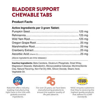 NaturVet Bladder Support Plus Cranberry Supplement for Dogs Time Release Chewable Tablets 60 ct