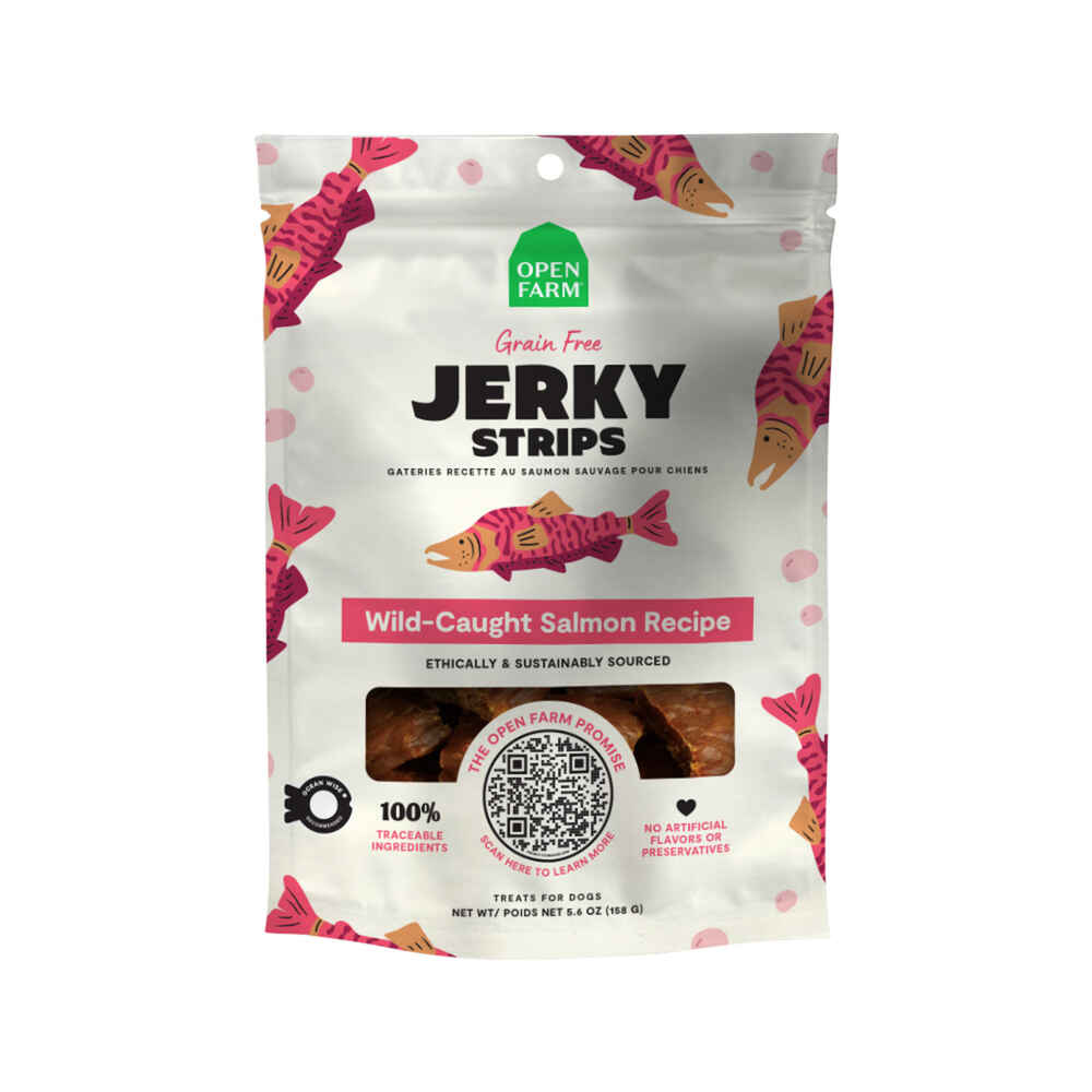 Open Farm Grain Free Jerky Strips Wild-Caught Salmon Recipe Dog Treats
