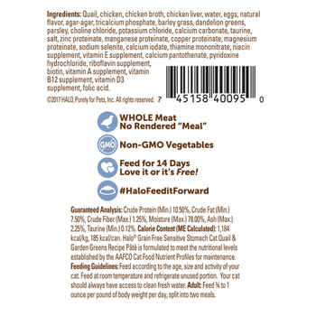Halo Sensitive Stomach - Grain Free Quail & Garden Greens Pate Canned Cat Food 5.5oz case of 12