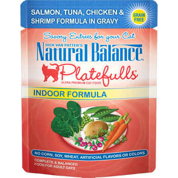 Natural Balance® Original Ultra™ Platefulls® Indoor Salmon, Tuna, Chicken & Shrimp Recipe in Gravy Wet Cat Food 24 3oz pouches product detail number 1.0