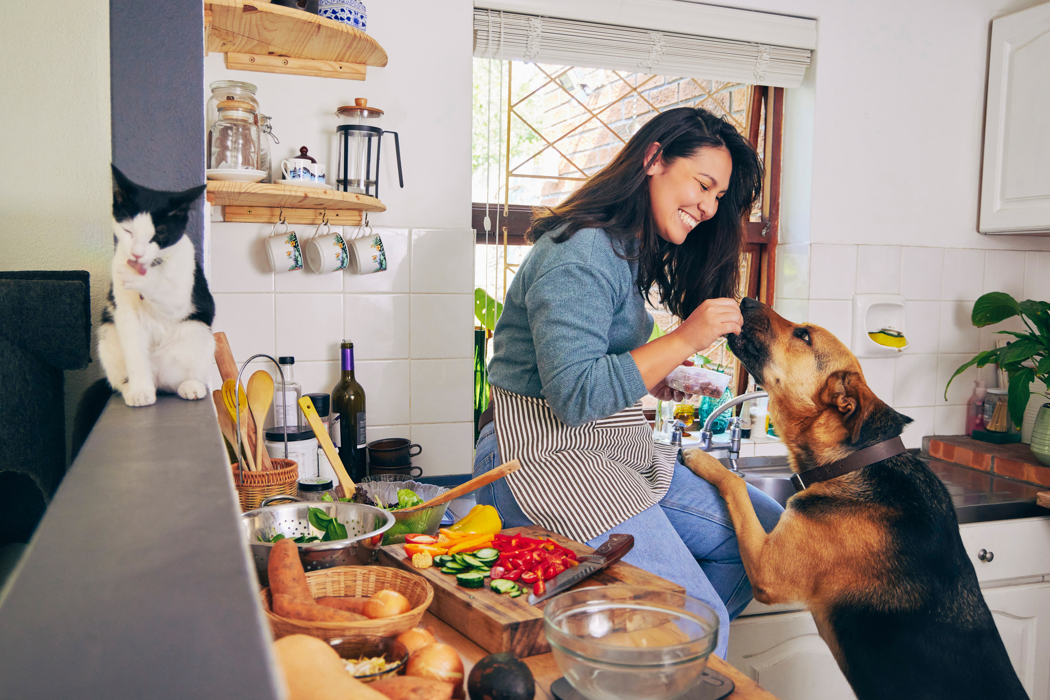 Smiling woman in kitchen with dog and cat tasting fresh veggies, herbs and spices
