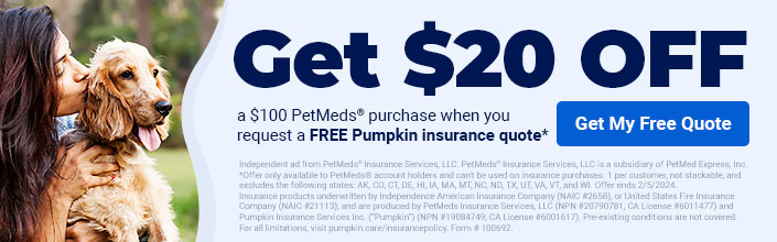 Get $20 OFF a $100 PetMeds purchase when you request a FREE Pumpkin pet insurance quote*