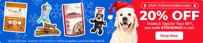 Save 20% on pet treats and toys