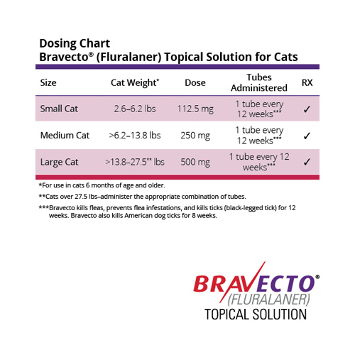 Bravecto Topical is administered every 12 weeks and available in 3 sizes for cats 2.6 lbs to 28 lbs.